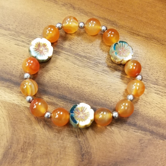 Hand Crafted Jewelry - Carnelian & Czech Floral Glass Beads Bracelet